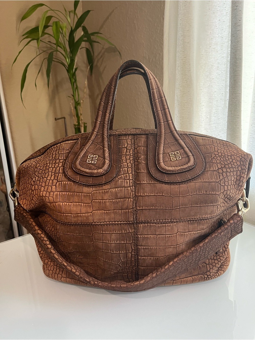 GIVENCHY NIGHTINGALE CROCODILE EMBOSSED NUBUCK LEATHER SATCHEL - TAUPE BROWN